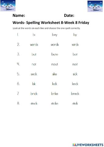 Words Spelling Worksheet 8Week 8 Friday