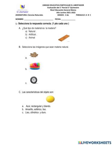 Examen de ciencias naturales
