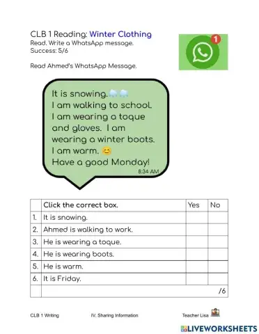 CLB 1L Reading WhatsApp Message
