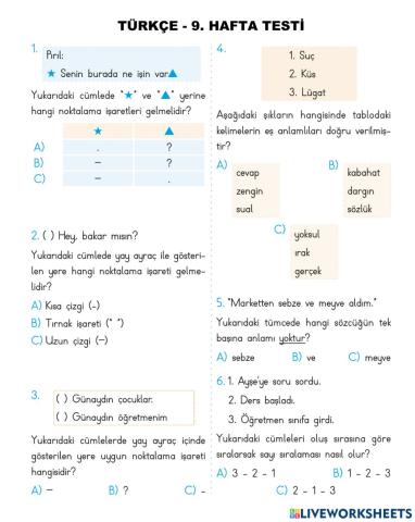 Türkçe 9-Hafta Test