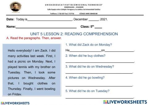 Reading 2 - ACTIVITIES 5TH