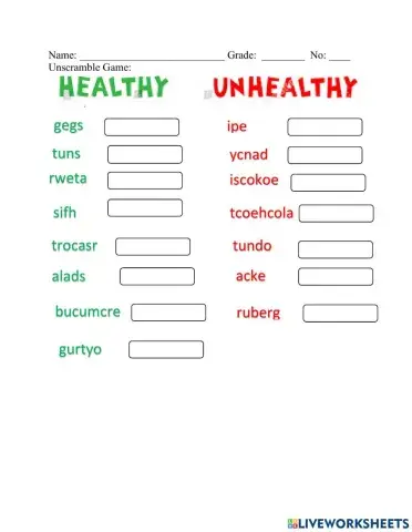 Healthy and Unhealthy Foods Unscramble Game