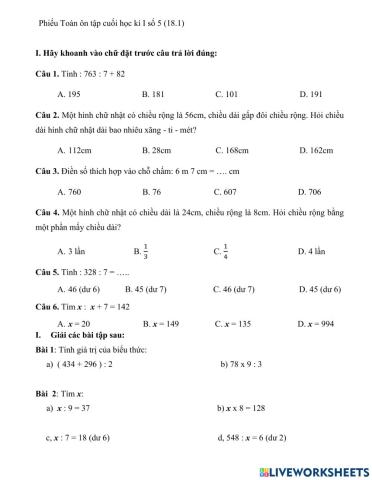 Phiếu Toán ôn cuối kì I số 5