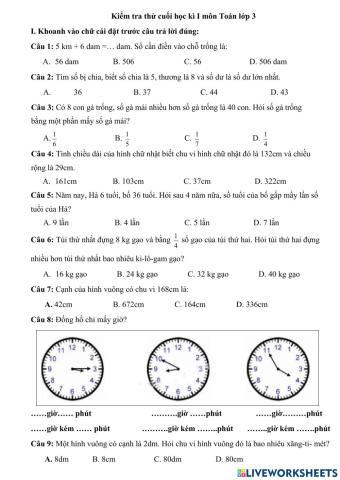 Kiểm tra thử môn Toán cuối kì I lớp Ba