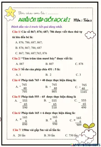 Toán - Ôn tập HK1 lớp 3