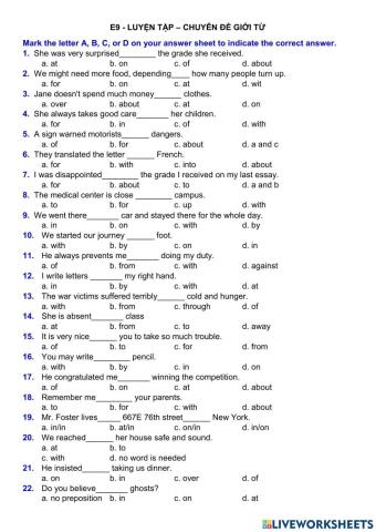 E9 - LUYỆN TẬP CHUYÊN ĐỀ GIỚI TỪ