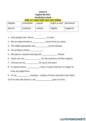 Lesson 6 English Ms Hien Vocabulary check