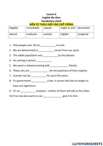 Lesson 6 English Ms Hien Vocabulary check