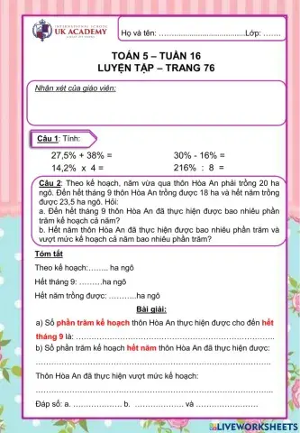 Toán 5 - Luyện tập trang 76