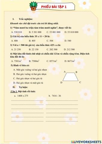 Toán - phiếu bài tập 1