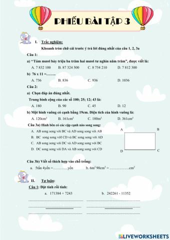 Toán - phiếu bài tập 3