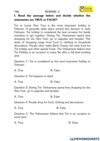 Ta6- reading review1 tet holiday