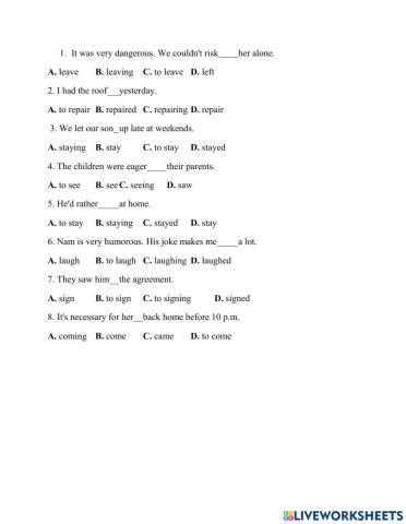 Bài tập V-ing-infinitives