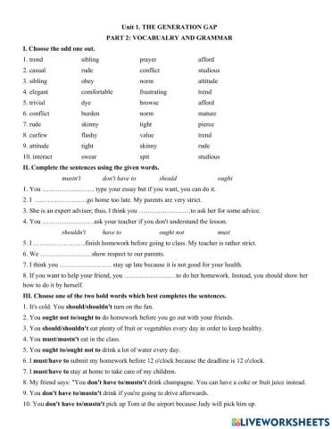 Unit 1. THE GENERATION GAP  PART 2: VOCABUALRY AND GRAMMAR
