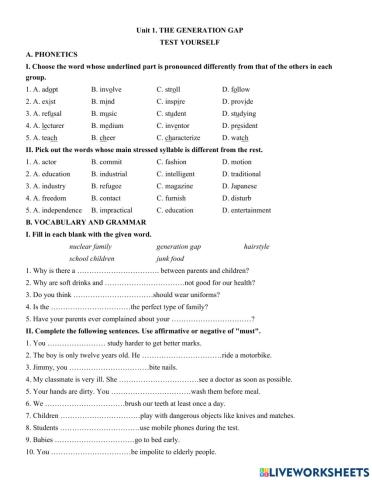 Unit 1. THE GENERATION GAP  TEST YOURSELF