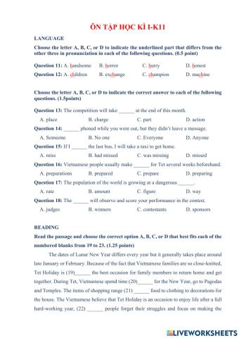 Ôn tập học kì I khối 11: Tổng hợp