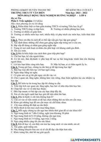 Kiểm tra hết học kì môn HĐTNHN