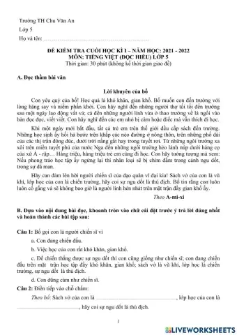 Đề đọc hiểu - Ôn tập kiểm tra học kì I lớp 5