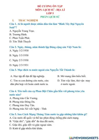 Đề cương ôn tập môn lịch sử - địa lí ck1