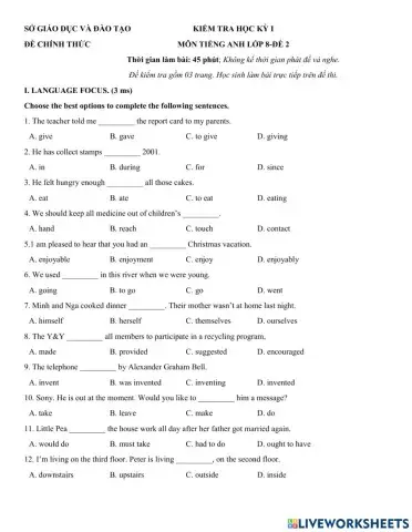 Tiếng Anh 8 - HK1 - Đề 2 (CT cũ)