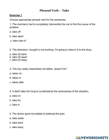 Phrasal Verb - Take (Exercise 1)