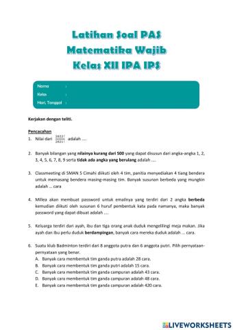 KISI-KISI PAS Matematika