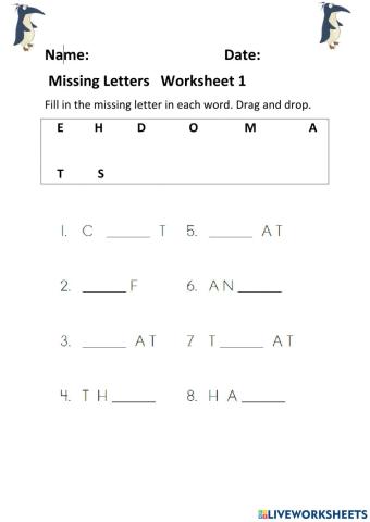 Missing Letter Worksheet 1
