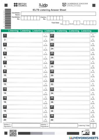 Listening answer sheet