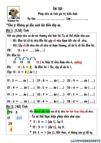 Phép chia và tính giá trị biểu thức