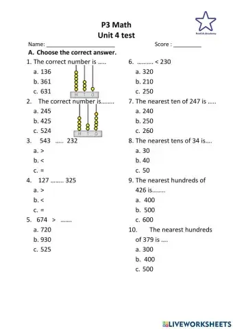 P3 Math unit 4 test
