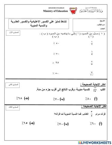 الكور الاعتيادية والنسبة المئوية