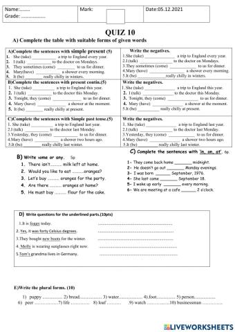 Quiz -10 -6th Grade-2021-November