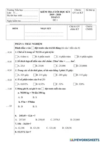 Đề thi toán 5 chk 1