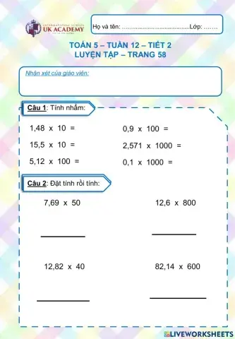 Toán 5 - Luyện tập trang 58