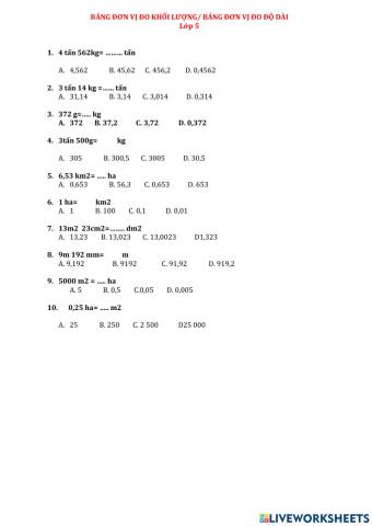 BẢNG ĐƠN VỊ ĐO KHỐI LƯỢNG- BẢNG ĐƠN VỊ ĐO ĐỘ DÀI Lớp 5