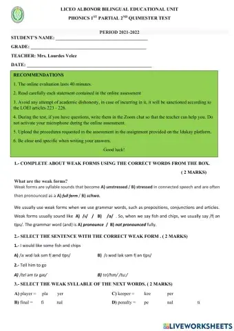 1st partial 2nd quimester Phonics Test