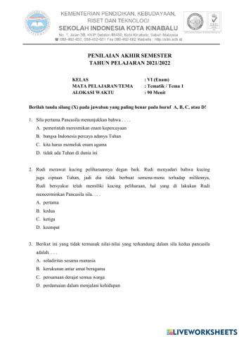 Soal PAS TEMA 1 KELAS 6