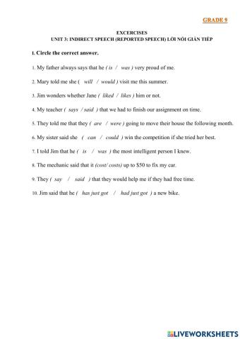 Excercises unit 3: indirect speech (reported speech) lời nói gián tiếp