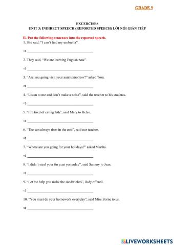 Excercises II- unit 3: indirect speech (reported speech) lời nói gián tiếp
