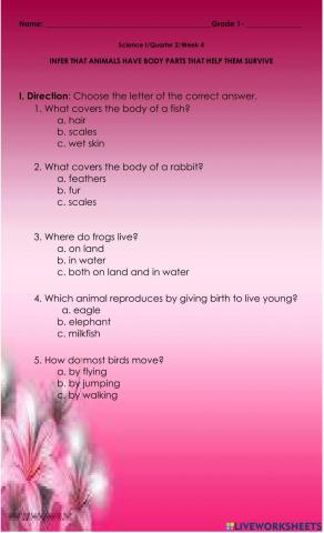 Infer that animals have body parts that help them survive