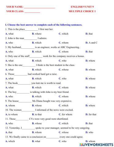 Engish 9 unit 9 multiple choice 1