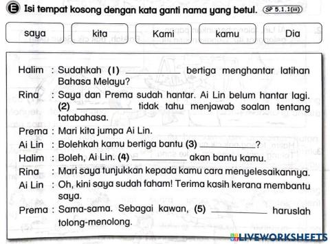 Kata Ganti Nama Diri Tahun 1