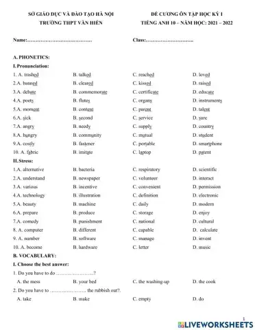 ĐỀ CƯƠNG ÔN TẬP HK 1 - ANH 10 (Phần 1)