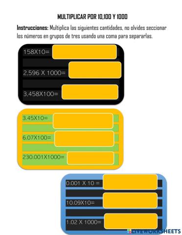 Multiplicar por 10,100 y 1000