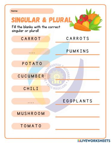 Latihan soal singular & plural (vegetables & pets)