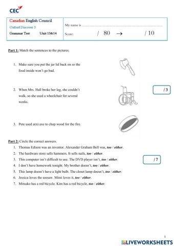 Discover 3-Grammar Test Unit 13 - 14
