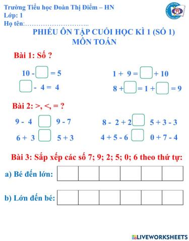 Phiếu ôn tập Toán số 1
