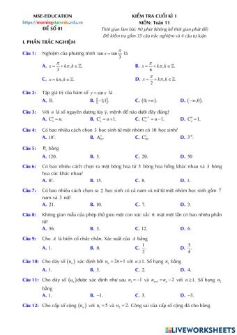 Toán 11 - Kiểm tra CK1 - Đề số 01