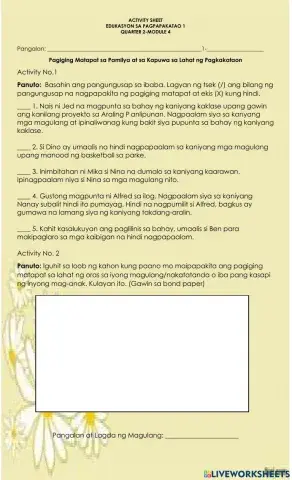 Pagiging Matapat sa Pamilya at sa Kapuwa sa Lahat ng Pagkakataon