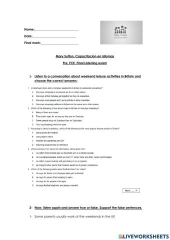 Pre-FCE Final Listening Test